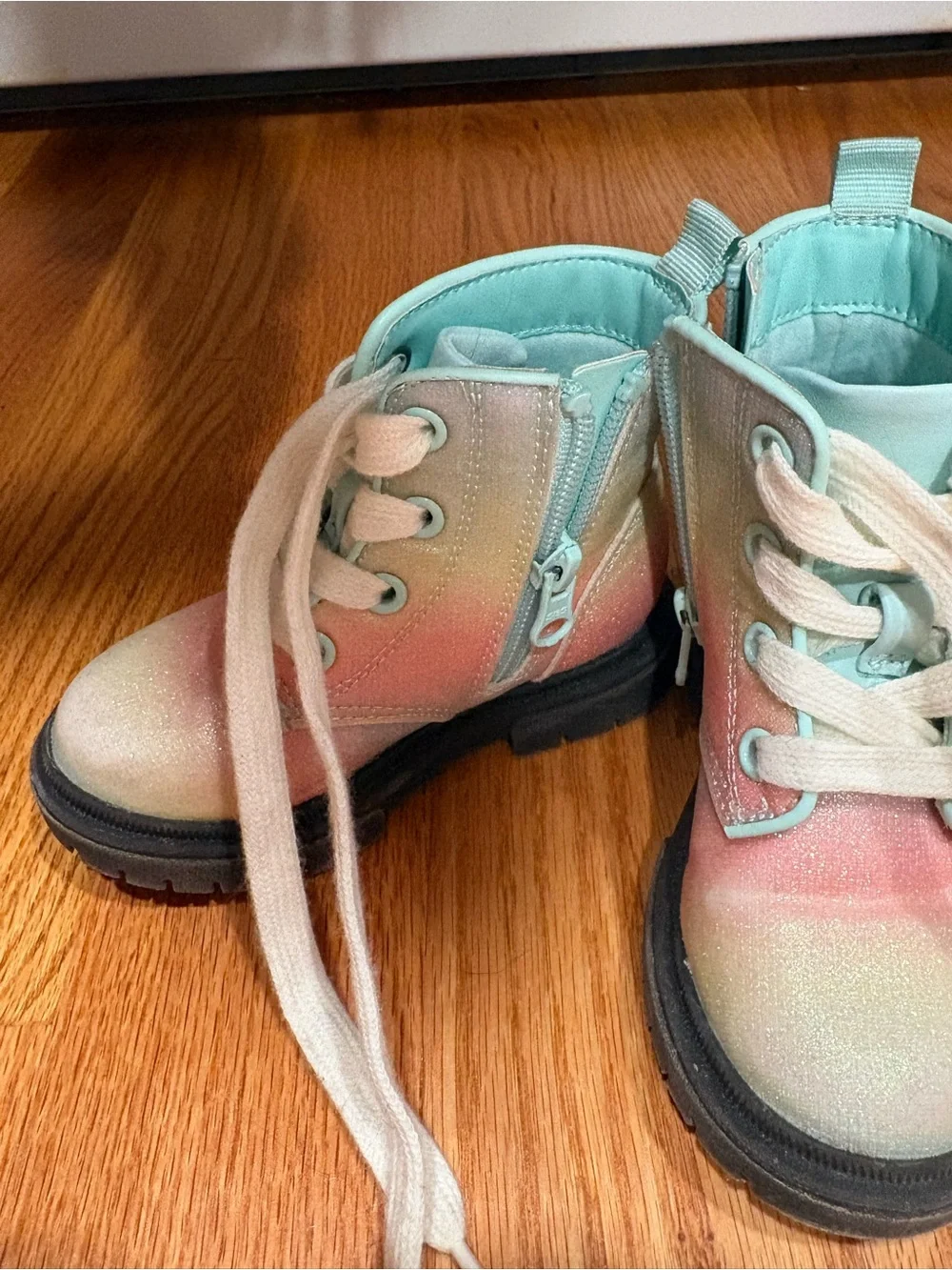 Cat & Jack Pastel Ombre Glitter Lace-Up Kids Boots in Mint and Pink